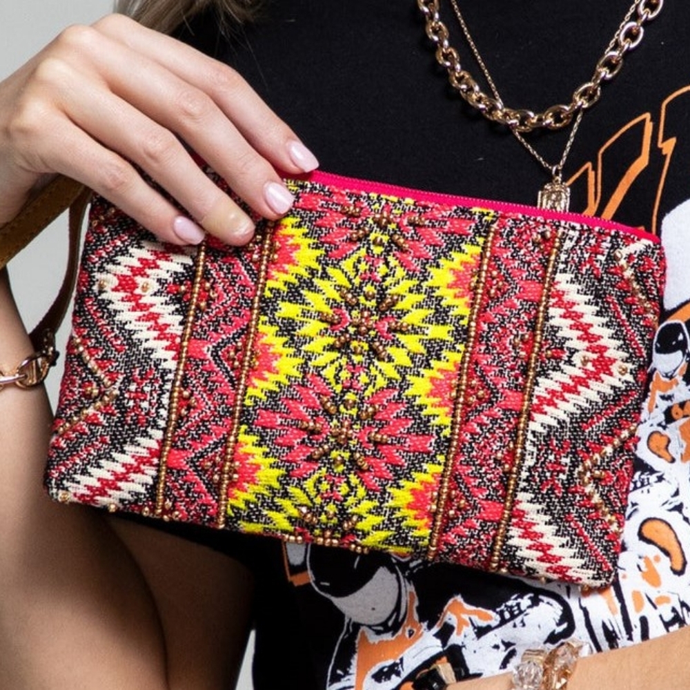 Handmade Hand Beaded Wristlet Clutch - Ethnic Inspired Design - Dyed Fine Cotton